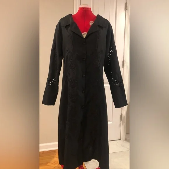 Vintage Floral Embroidered Gothic Full Length Oversized Duster / Trench Coat - Picture 6 of 16